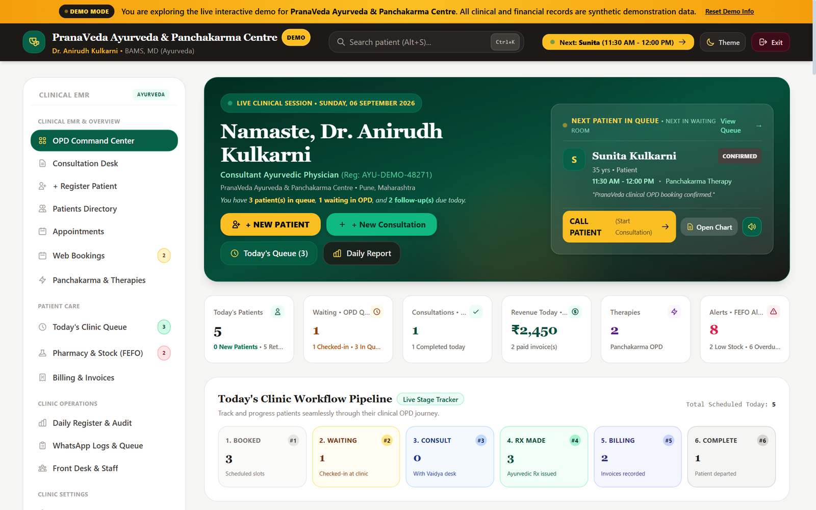 Vedshri Ayurveda Practice OS Dashboard Mockup